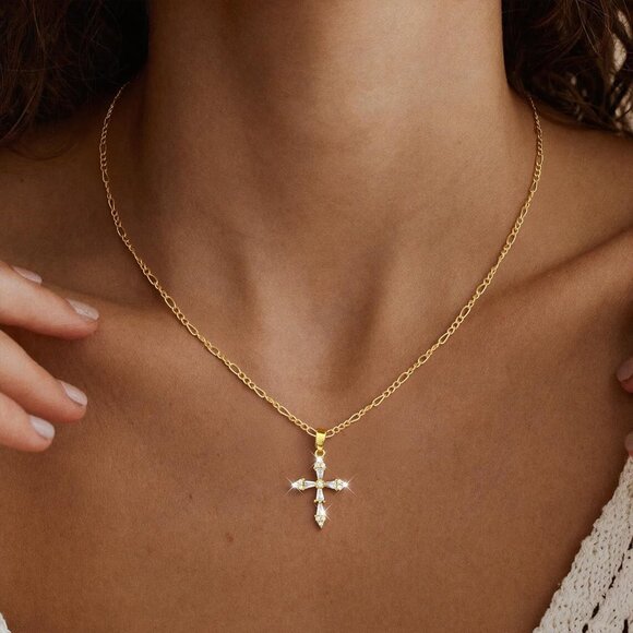 Women's 4-gold 14k Gold Plated Cross Choker Minimalist Simple Dainty Necklaces - Picture 2 of 7